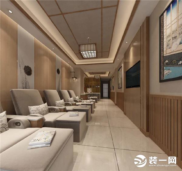 上面两个足浴店装修设计中,更加偏现代风一些,前一个金黄色隐形
